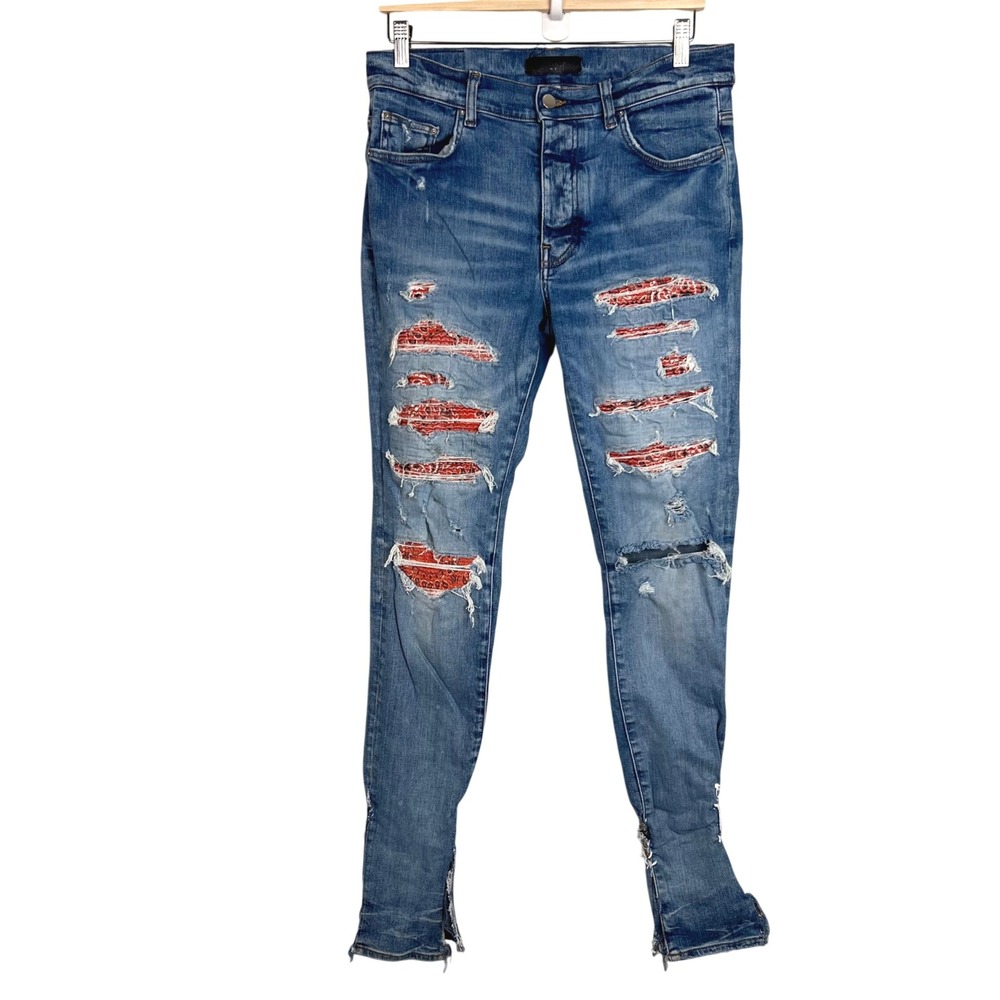 Amiri Bandana Thrasher Jeans Mens Size 32 Blue Distressed Red Paisley Underlay